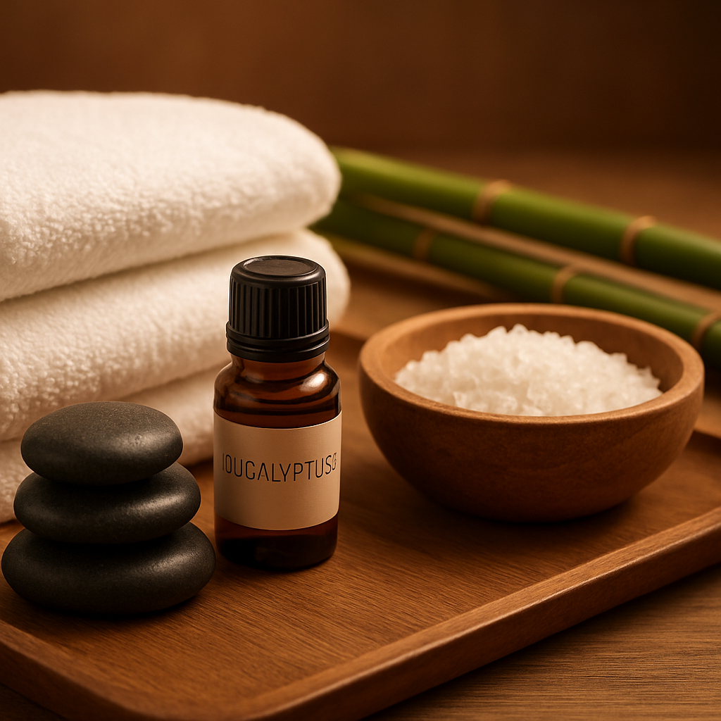 Professional massage therapy oils, towels and stones on a timber tray
